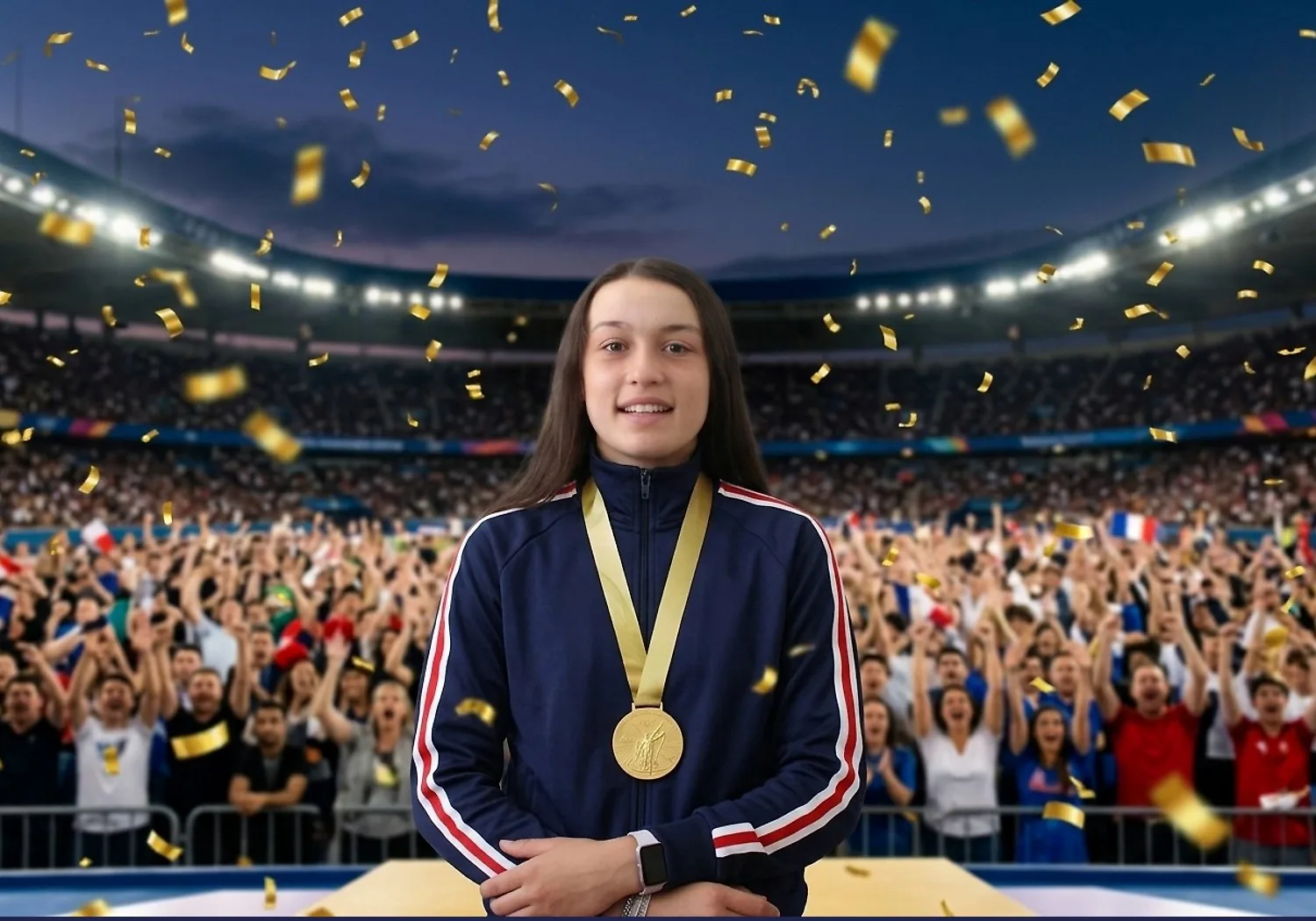 Exemple de thème IA « podium de champion » appliqué à une photo prise au photobooth, pour un lancement de produit ou une soirée d'entreprise