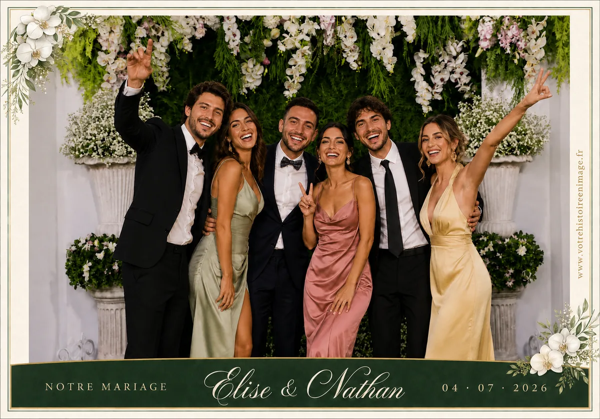 Exemple de maquette imprimée photobooth pour un mariage, décor fleuri
